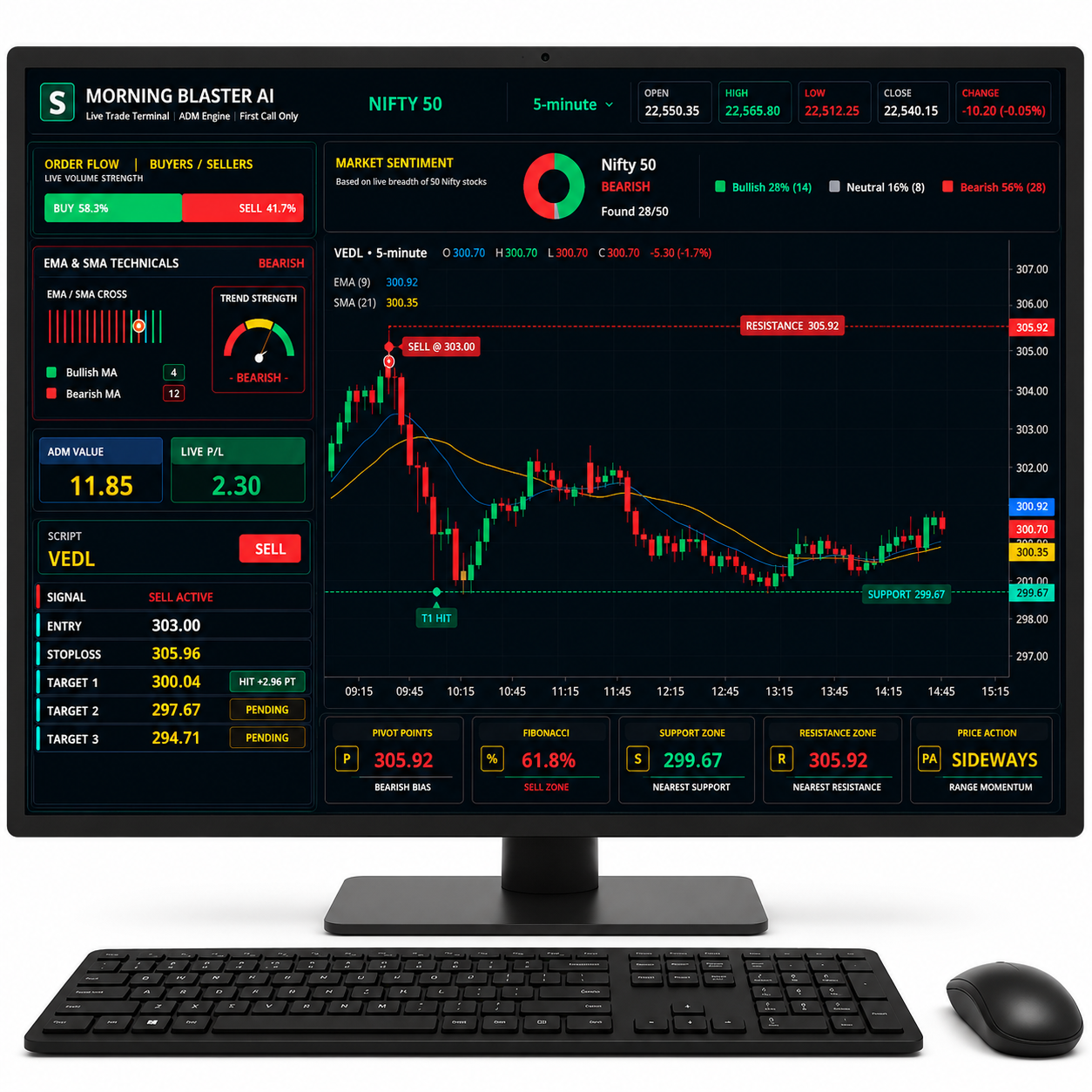 Stockara buy sell signal software with laptop trading dashboard and stock market candlestick charts