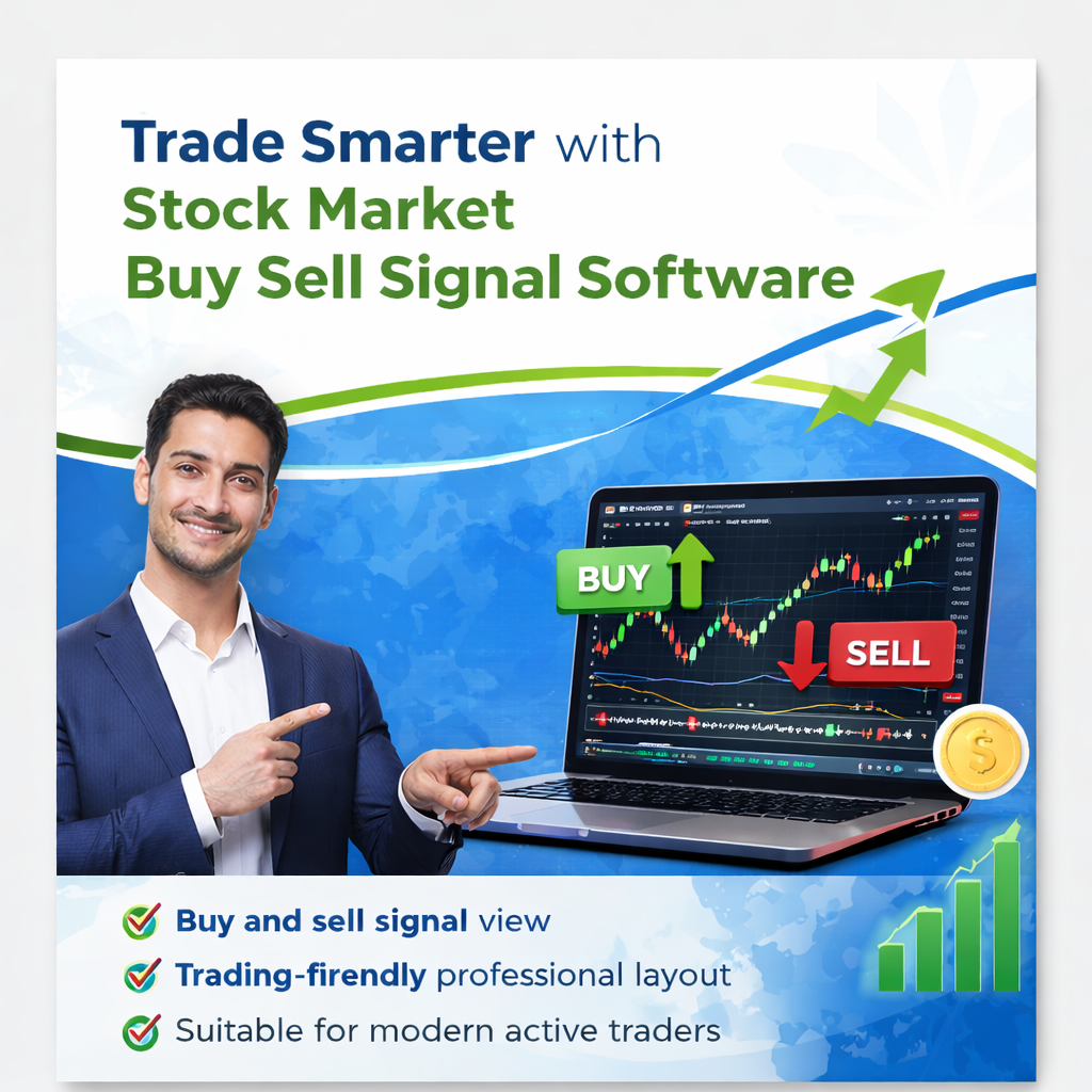 Stockara stock market trading software showing buy sell signals on laptop with live candlestick chart and professional trading interface